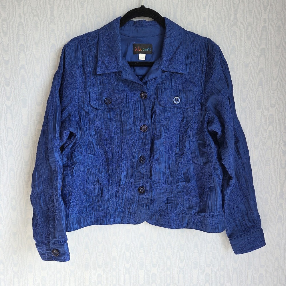 Vtg A La Carte Womans L Top Shacket Button Down Blue‎ Boho Paisley Embroidered